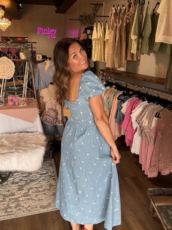 Denim Smocked Floral Midi Dress