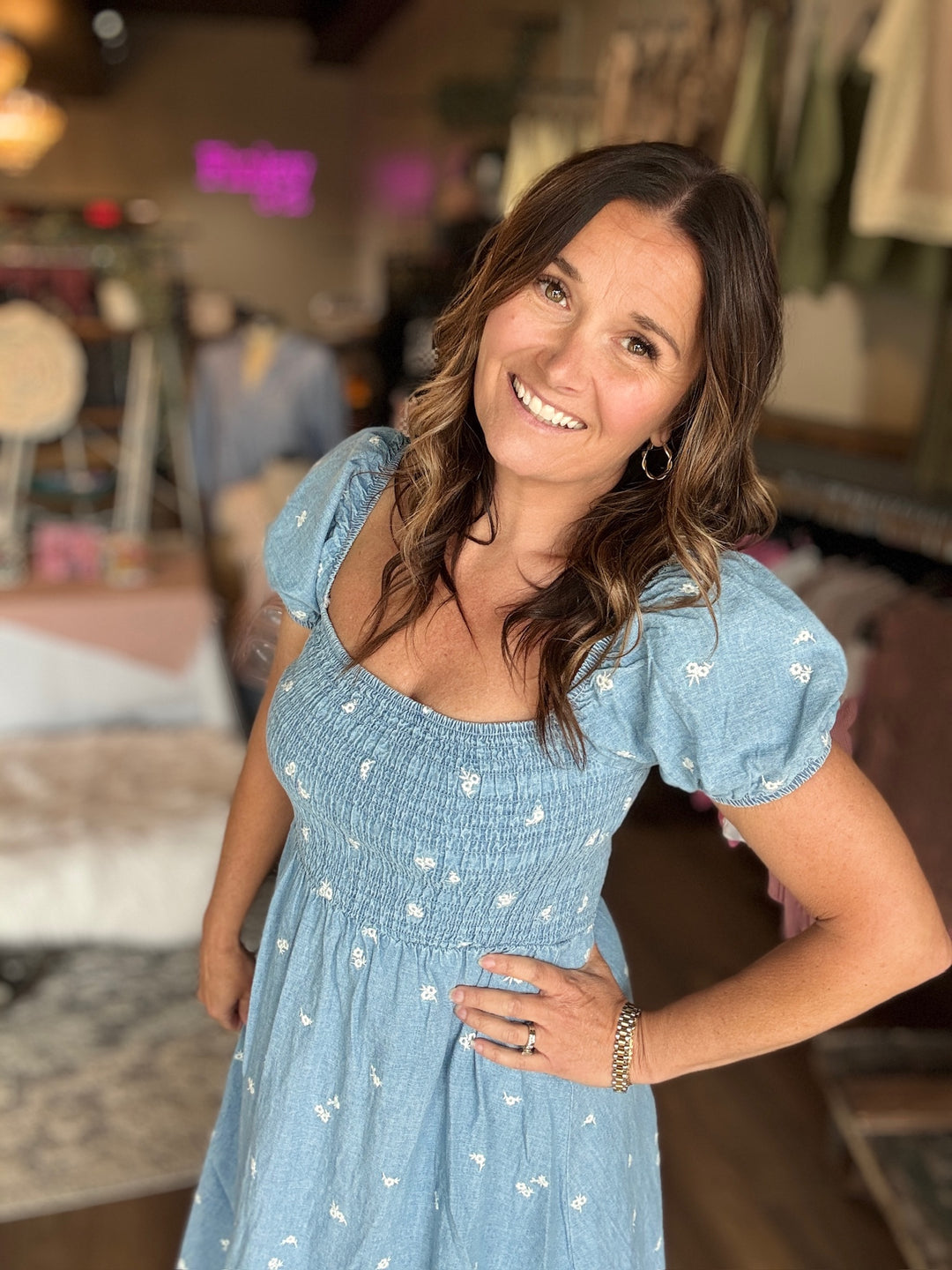 Denim Smocked Floral Midi Dress