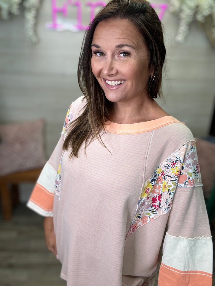 Easel 3/4 Sleeve Stripe & Floral Top