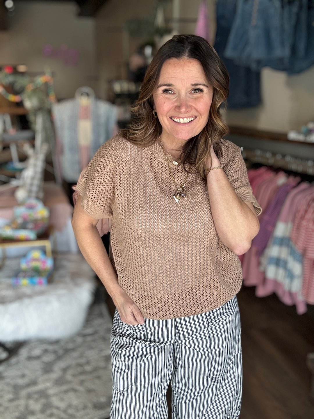 Taupe Open Knit Top