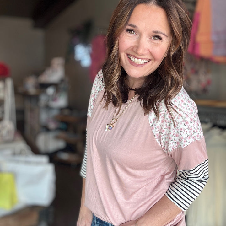 Dusty Pink Floral & Stripe Top