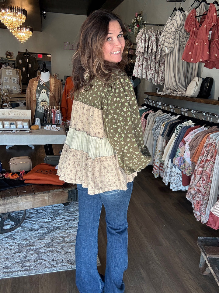 Olive Floral Tiered Top