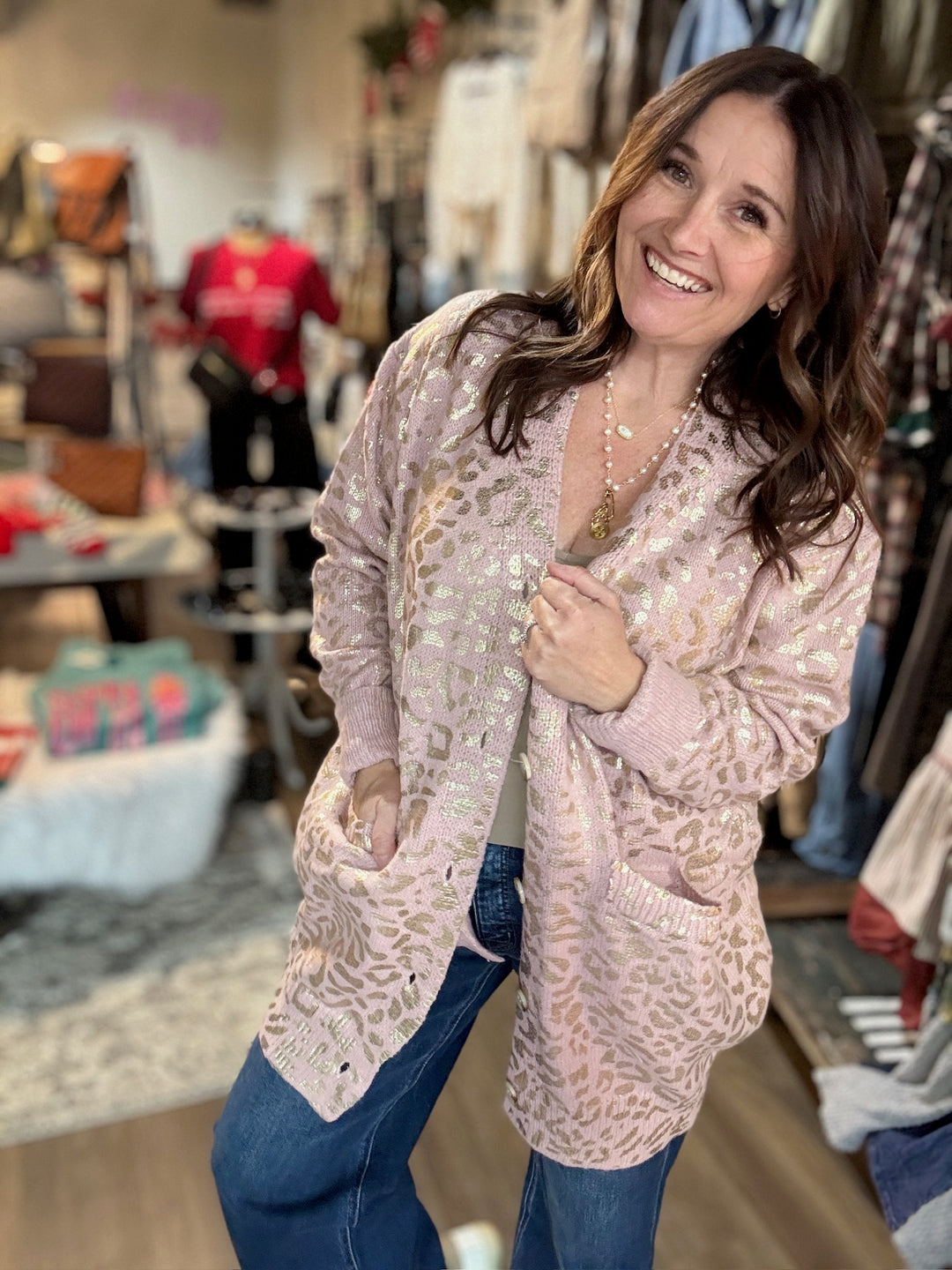 Pink & Gold Leopard Print Cardigan