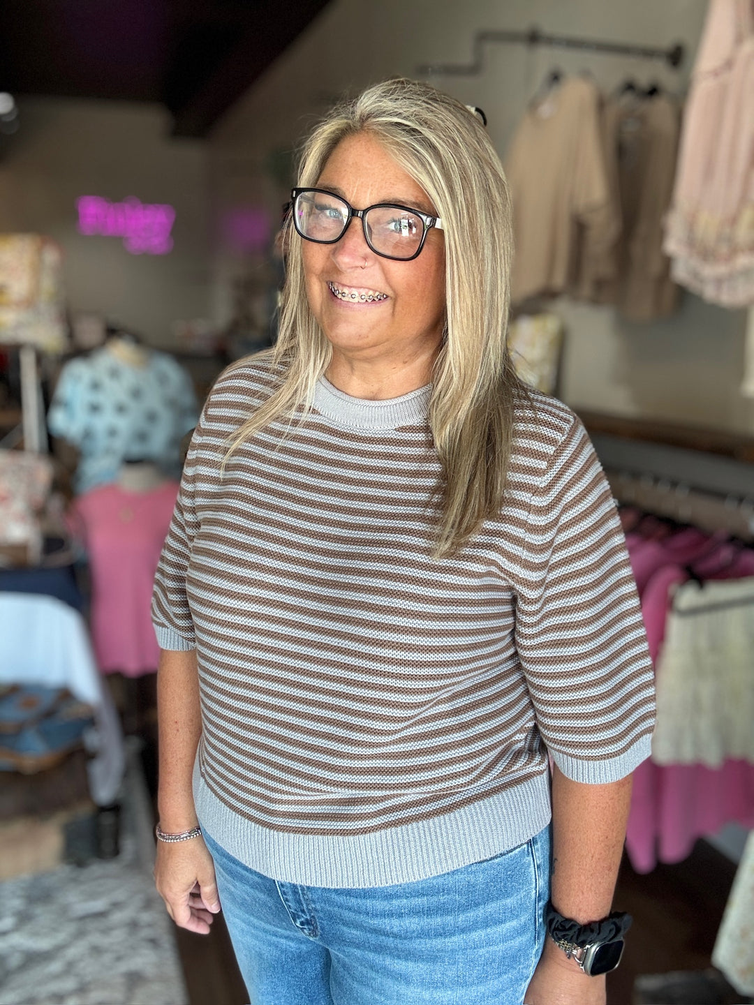 Crew Neck Striped Sweater Top