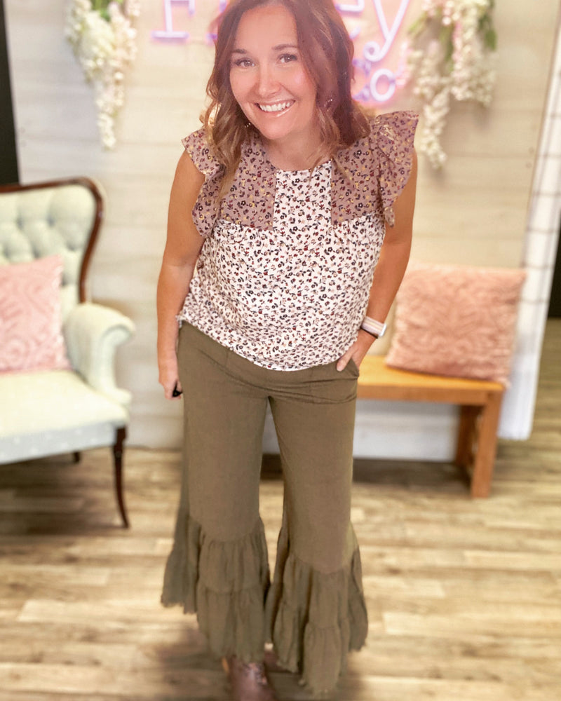 Olive Ruffle Leg Pant