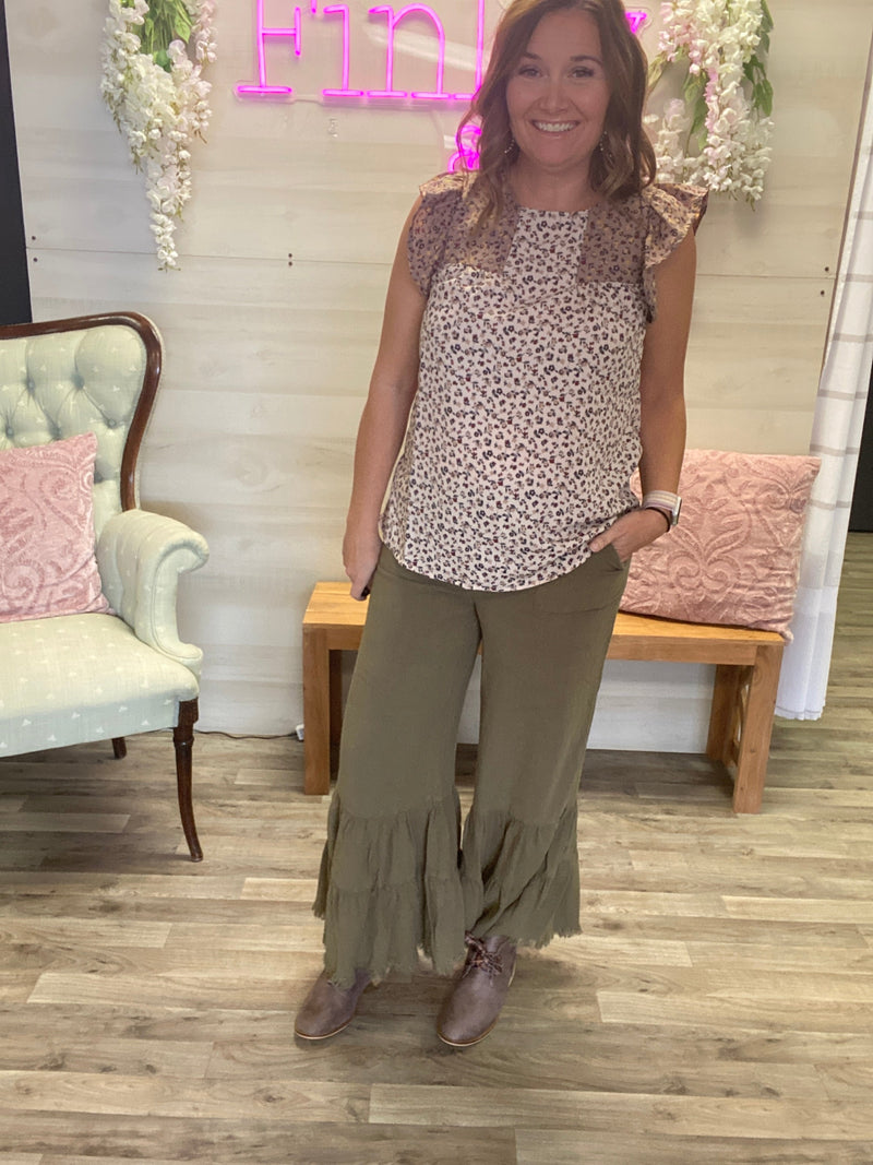 Olive Ruffle Leg Pant