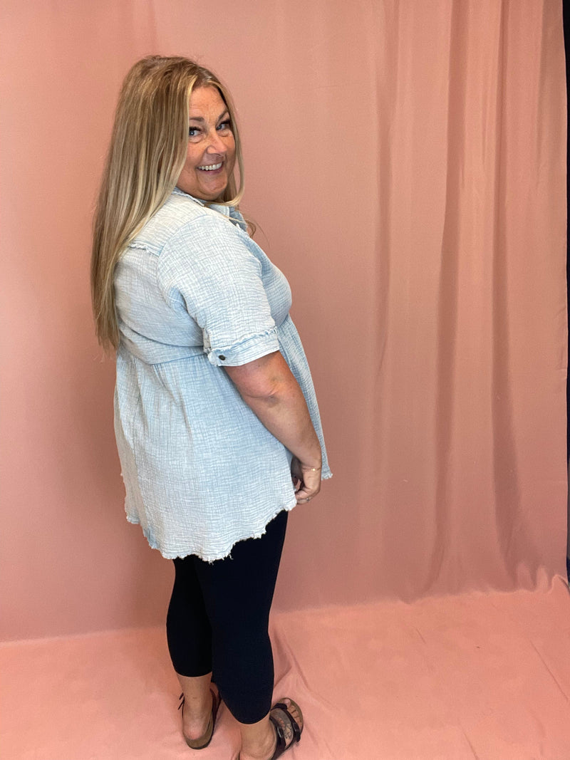 Umgee Washed Denim Gauze Tunic available at Finley & Co