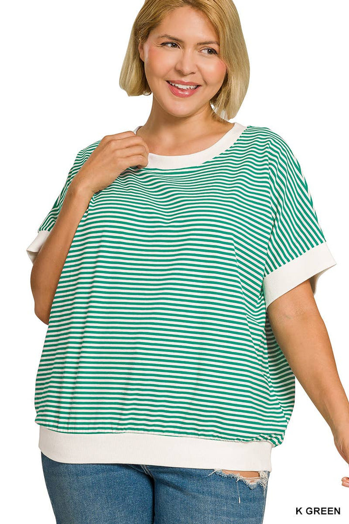 Plus Stripe Contrast Trim Banded Bottom Top
