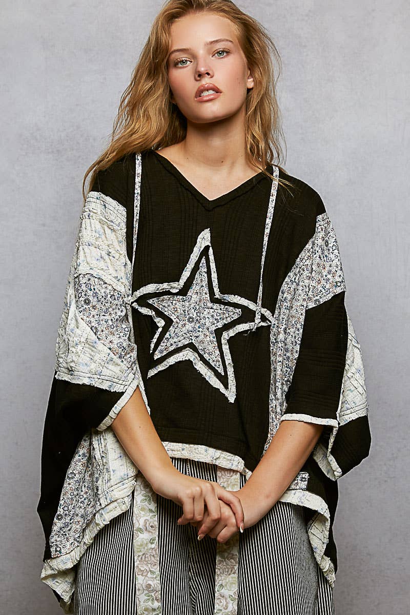 Long Sleeve Lace Contrast Floral Star Patch Knit Top SALE