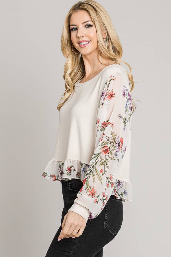 Printed chiffon sleeve ruffle hem sweater