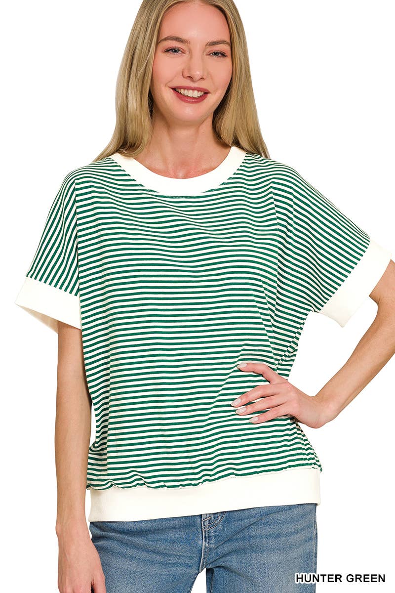 Stripe Contrast Trim Banded Bottom Top - Zenana
