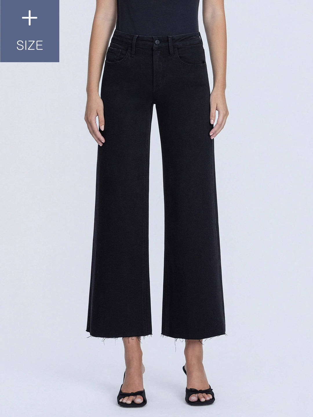 PLUS HIGH RISE RAW HEM CROP BLACK  WIDE LEG JEANS LV1220BK-P
