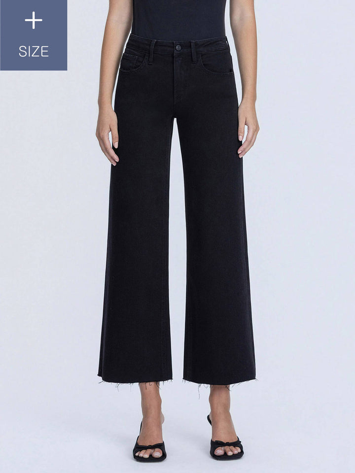 PLUS HIGH RISE RAW HEM CROP BLACK  WIDE LEG JEANS LV1220BK-P