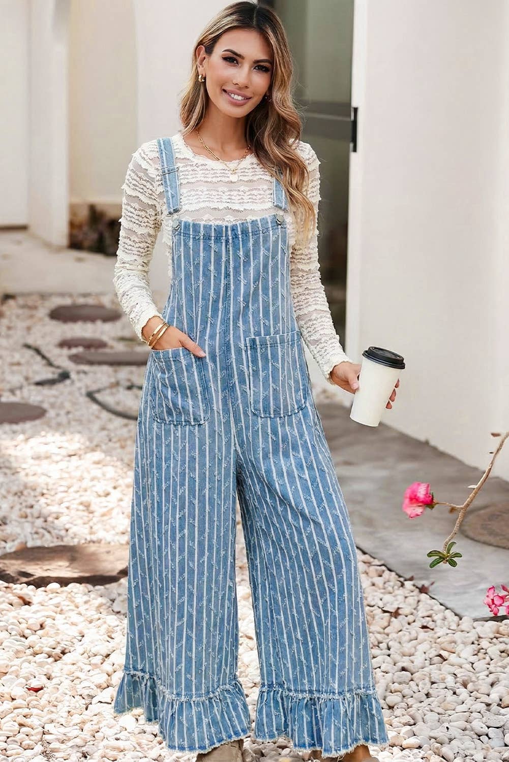 LDC Striped Distressed Ruffled Wide Leg Denim Overalls