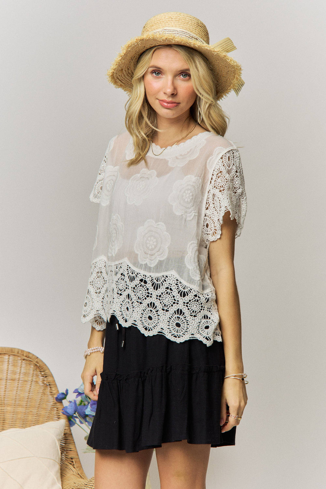 LACE SLEEVE COTTON TOP- LET4268