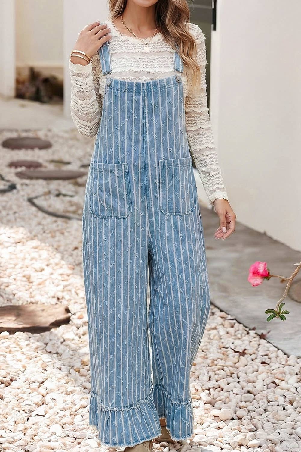 LDC Striped Distressed Ruffled Wide Leg Denim Overalls
