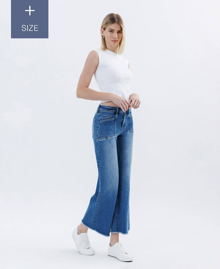 PLUS SIZE HIGH RISE RAW HEM ANKLE WIDE LEG JEANS LV1683-P