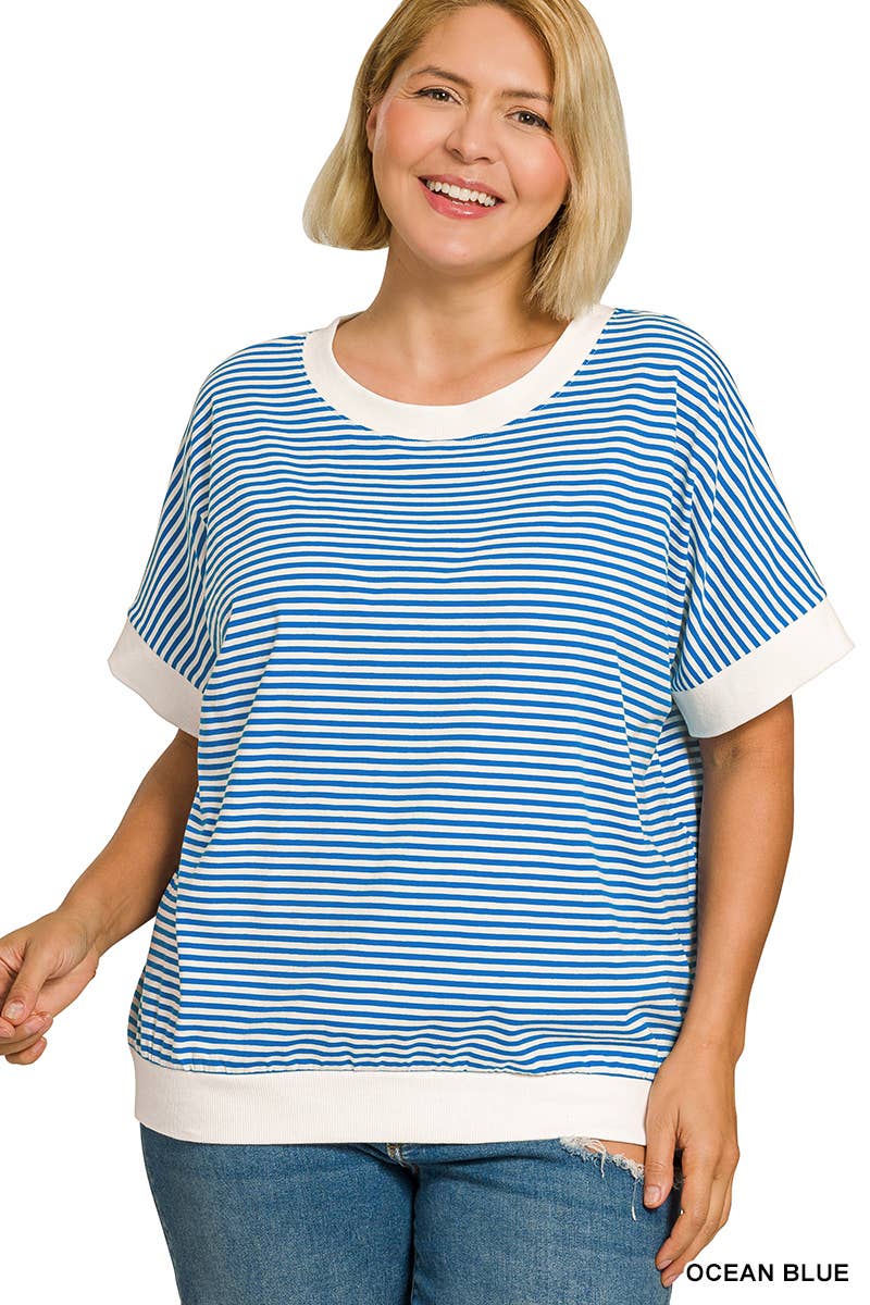 Plus Stripe Contrast Trim Banded Bottom Top