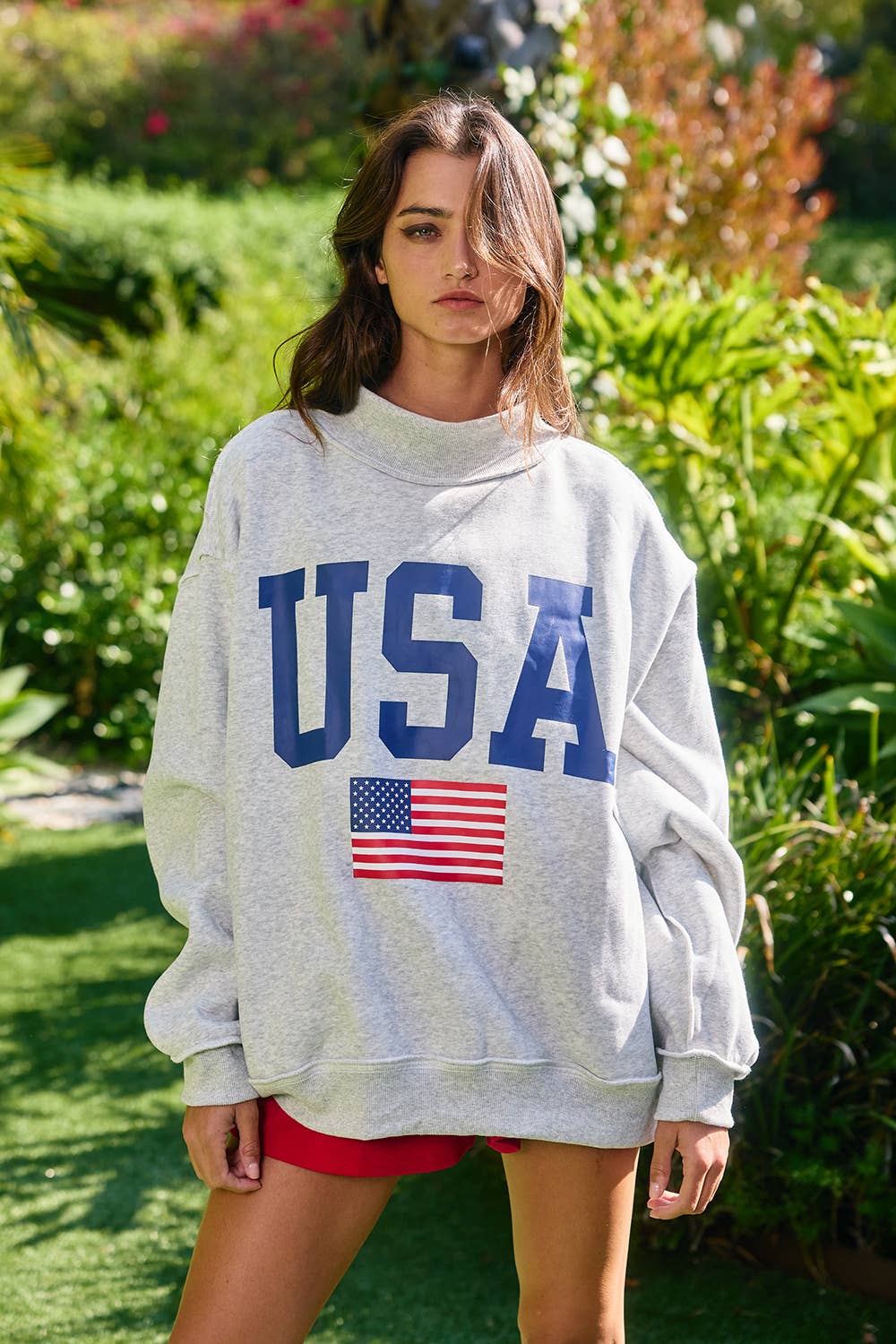 ****PREORDER WILL NOT BE HERE UNITIL JULY****. Reversible USA Grey Mock Neck Sweatshirt
