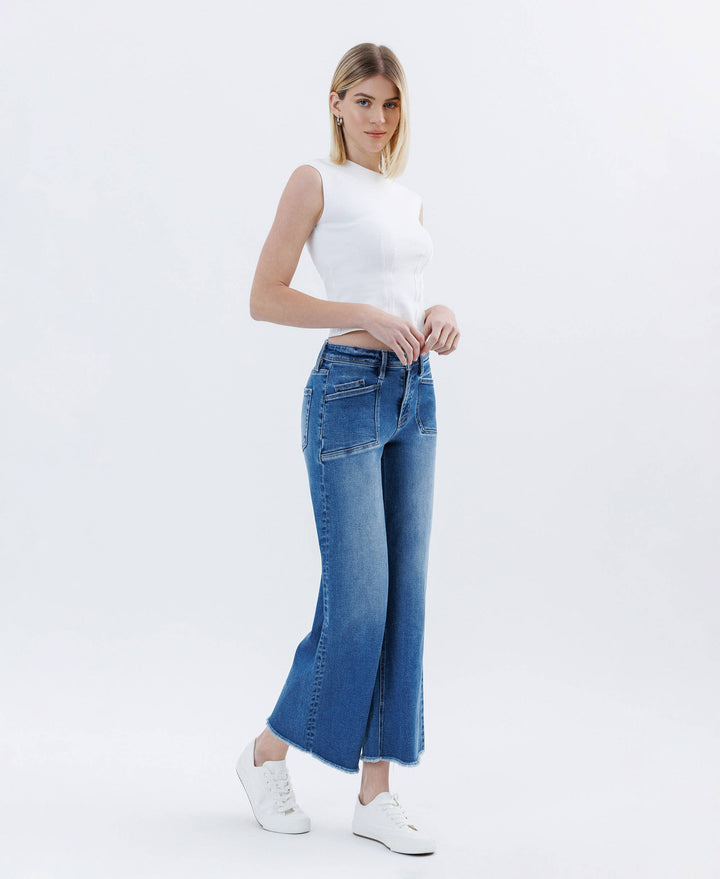 HIGH RISE RAW HEM ANKLE WIDE LEG JEANS LV1683