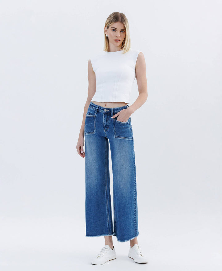 HIGH RISE RAW HEM ANKLE WIDE LEG JEANS LV1683