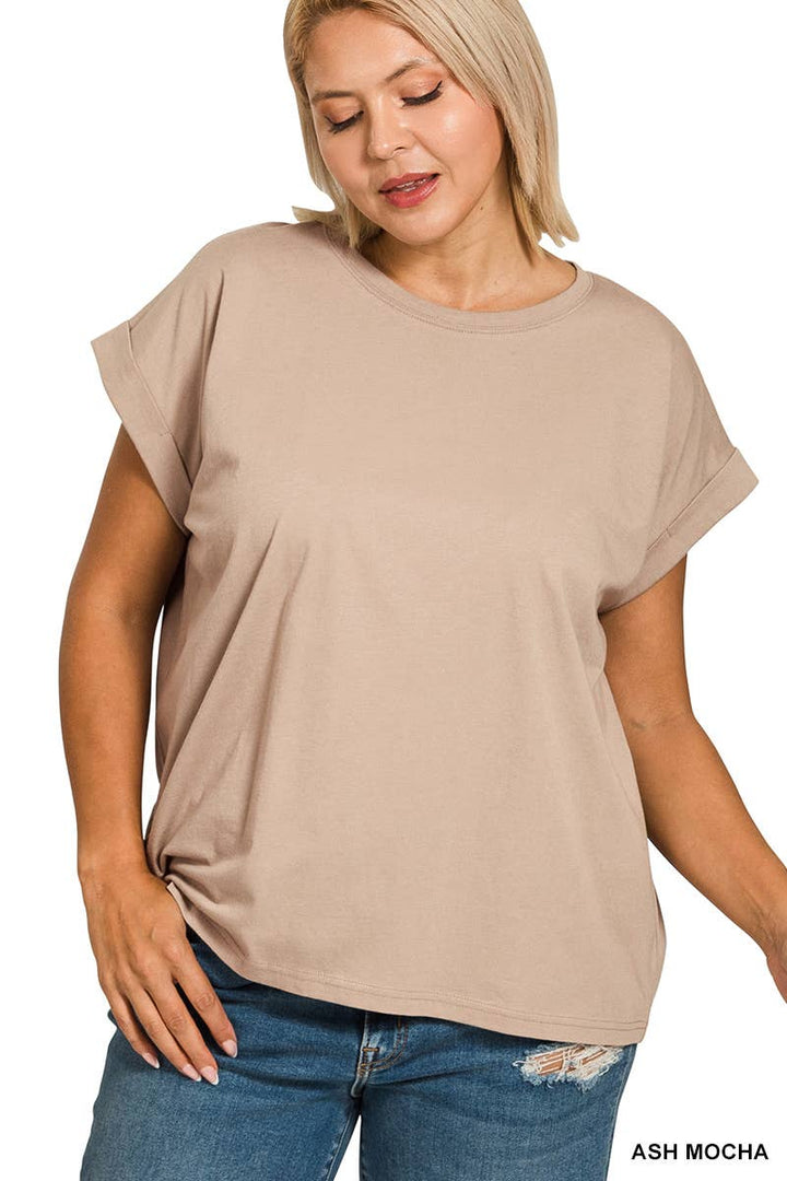 Cotton Folded Sleeve T Shirt