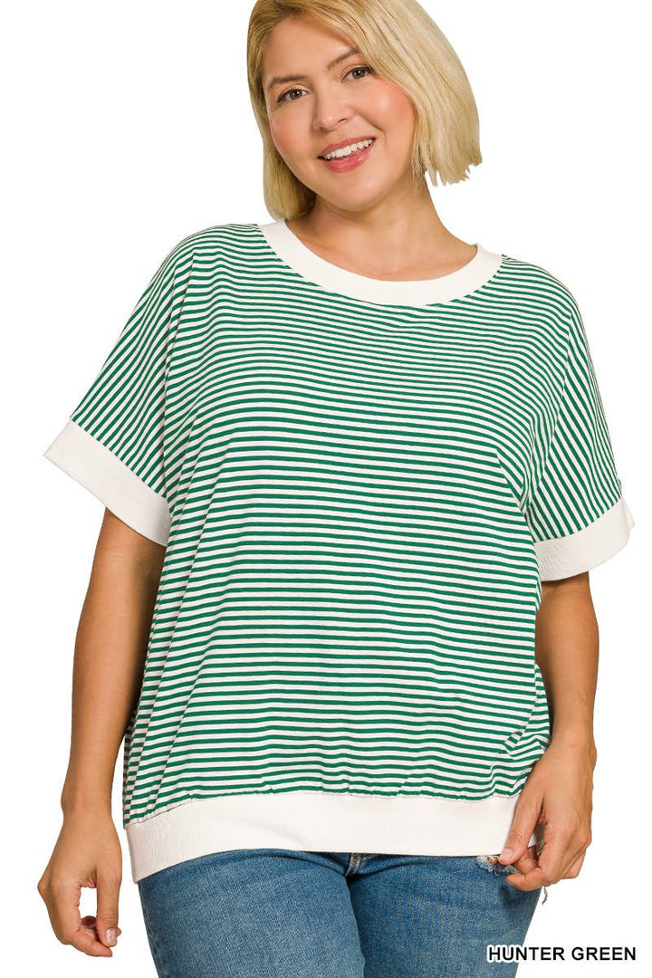 Plus Stripe Contrast Trim Banded Bottom Top