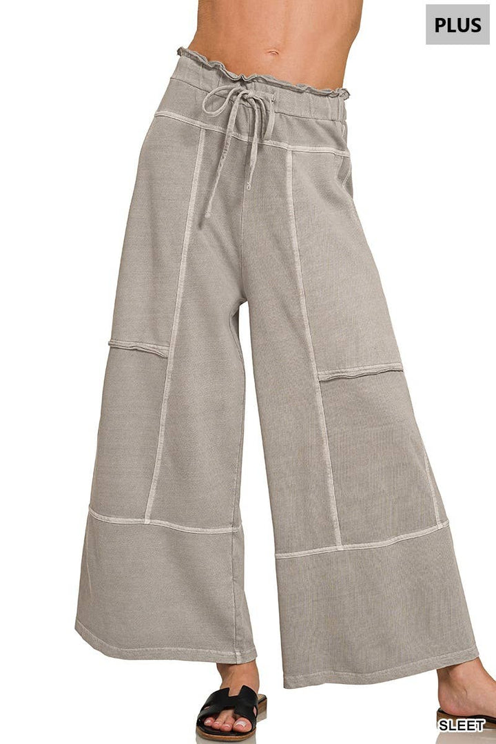 Plus French Terry Exposed Seam Wide Leg Pants