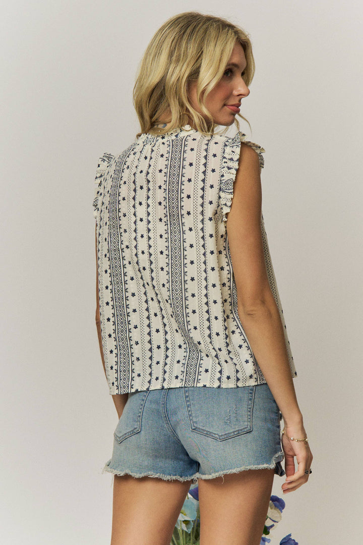 BOHO PRINT RUFFLE CAP SLEEVE BLOUSE - LET4357