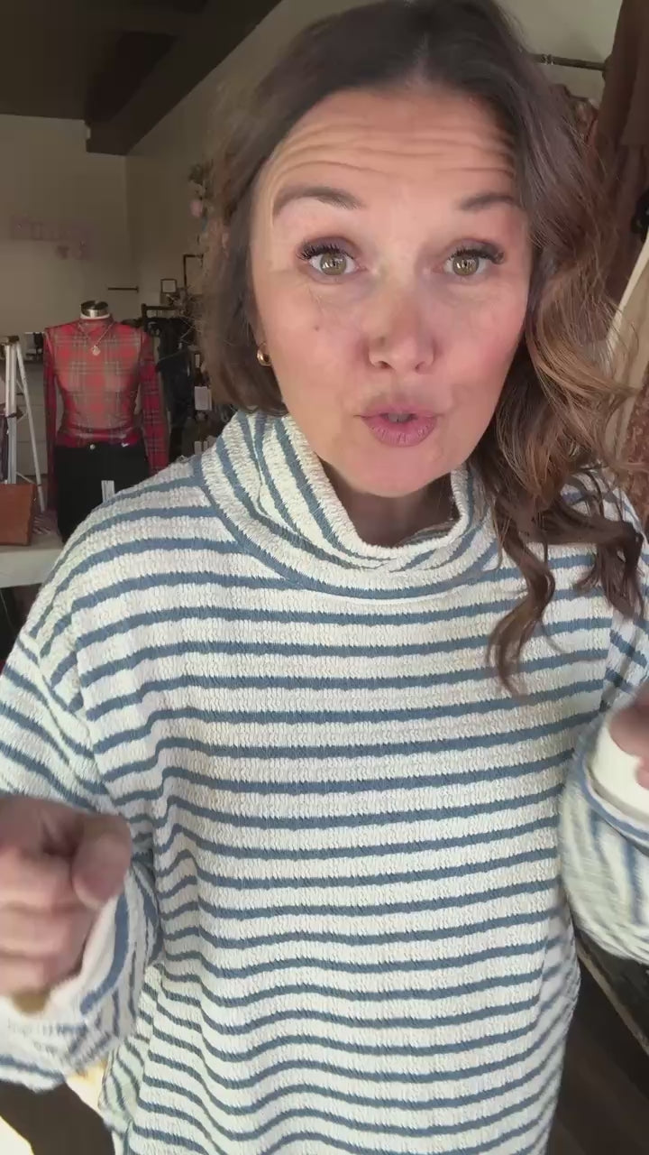 Mock Neck Blue Striped Sweatshirt