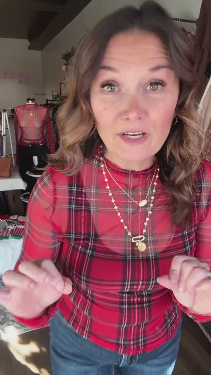 Red Plaid Mesh Top