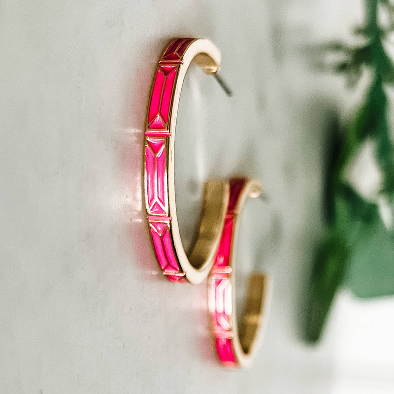 Gold & Pink Enamel Hoop Earrings